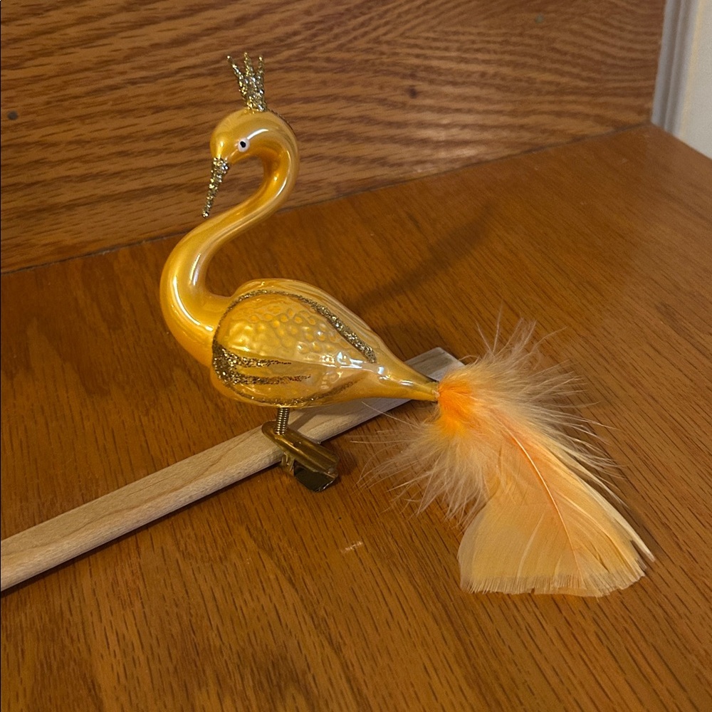 Vintage Yellow with Gold Glass Swan with Feather clip on Christmas ornament